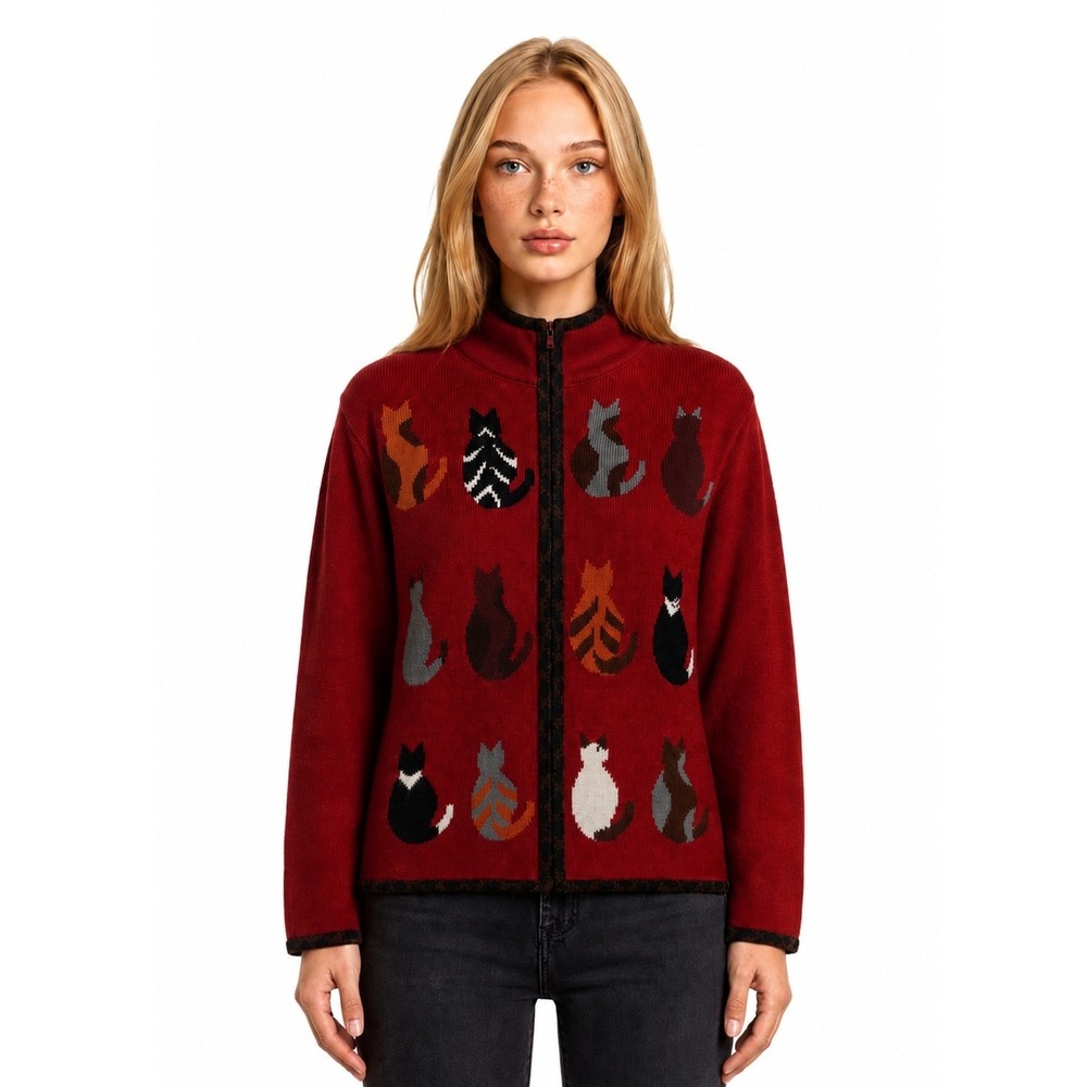 Coldwater Creek Cardigan Jacket Women's Size XL Red Cat Zip Vintage